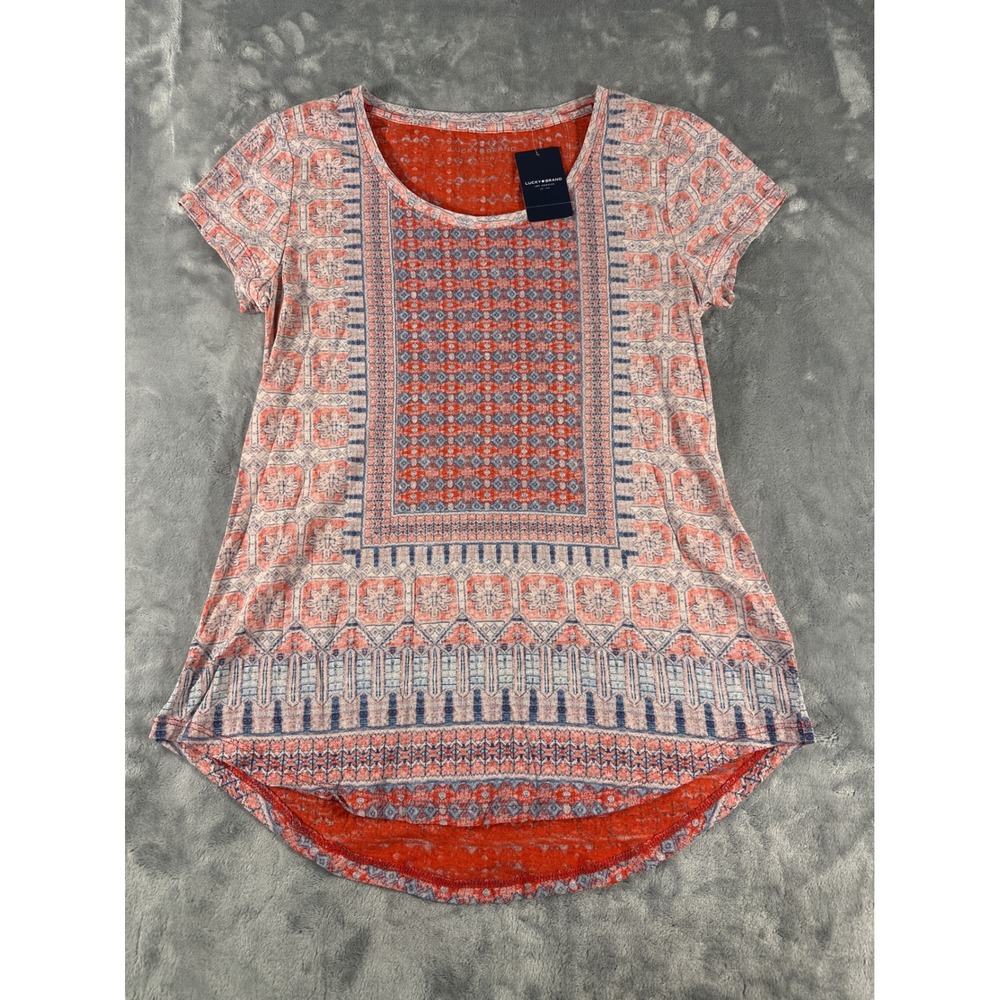 Lucky Brand Womens Orange Blue Geometric Tile Print‎ High Low Tee S 7WP85310